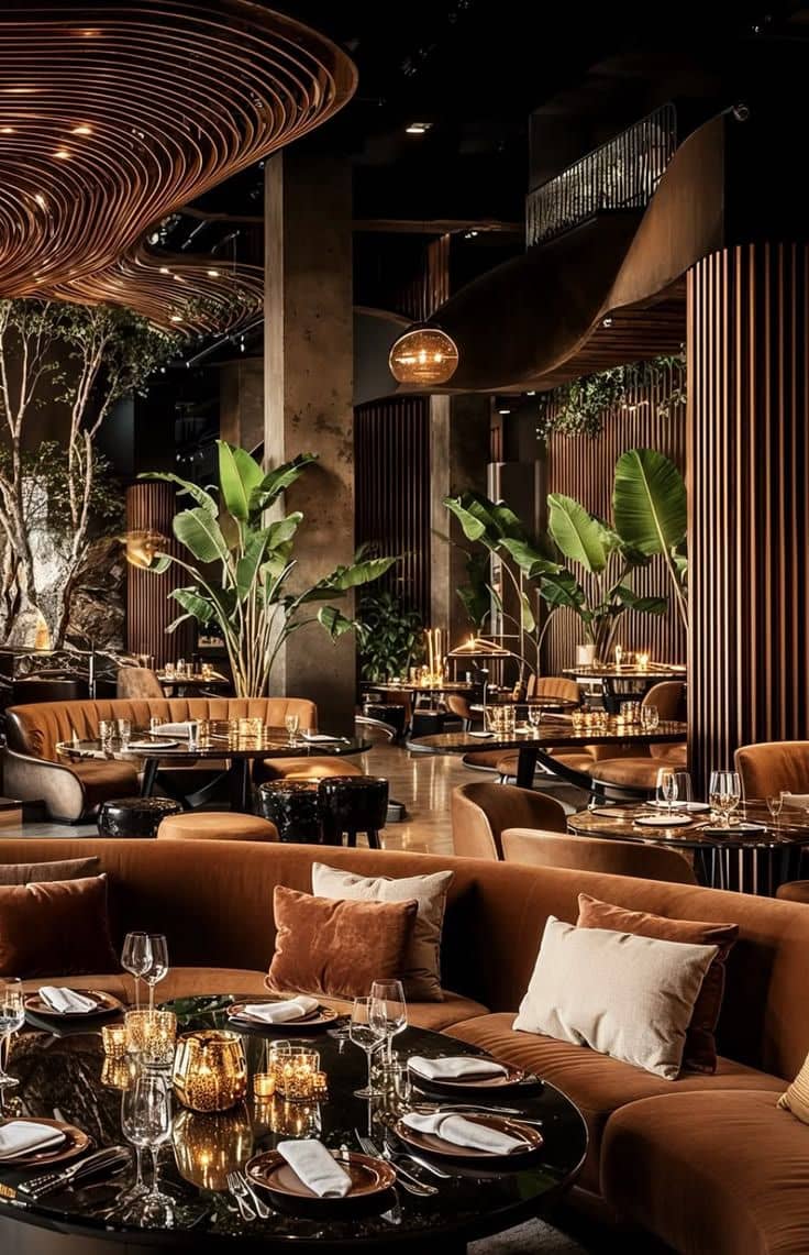 Lush restaurant interior with tropical plants and velvet seating