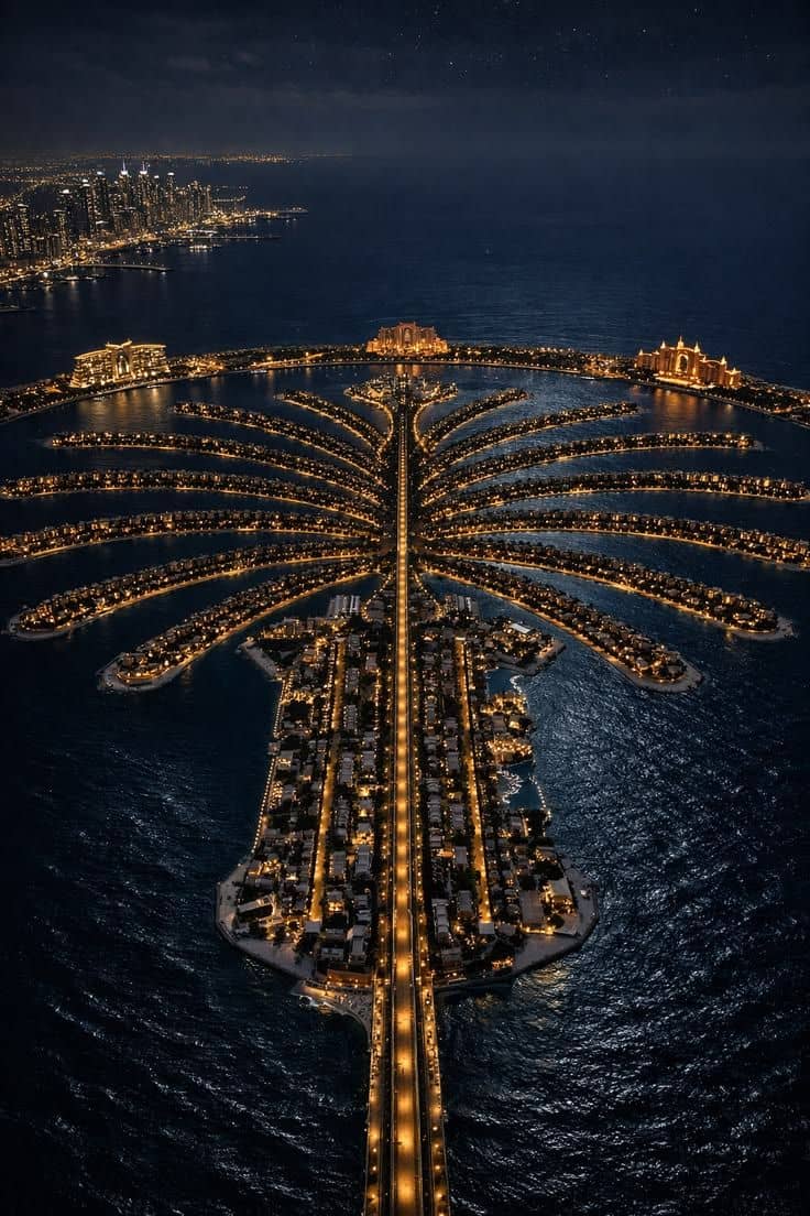 Aerial night photograph of Palm Jumeirah